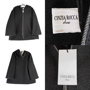 Cinzia Rocca Icons Coat Womens Size 14 Black Wool Blend Hood Full Zip New